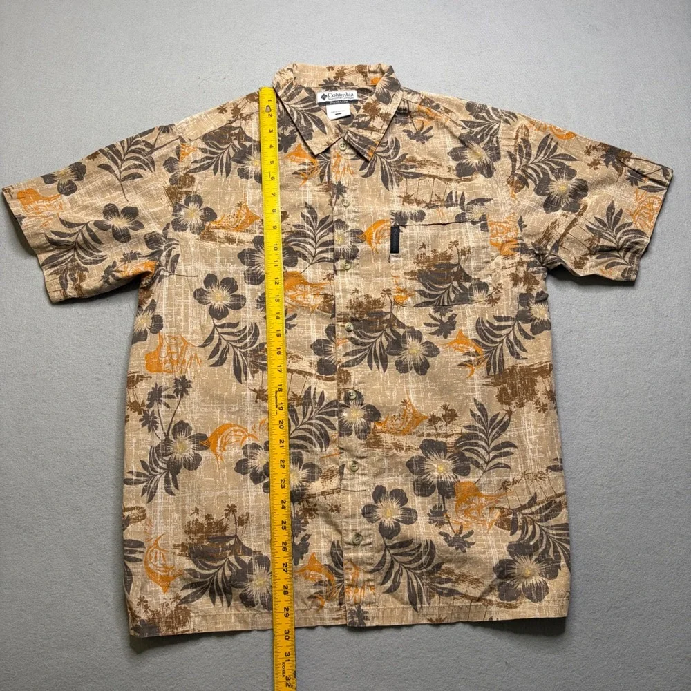 Columbia Button Down Shirt Mens L Tan Tropical Marlin Floral Short Sleeve Casual